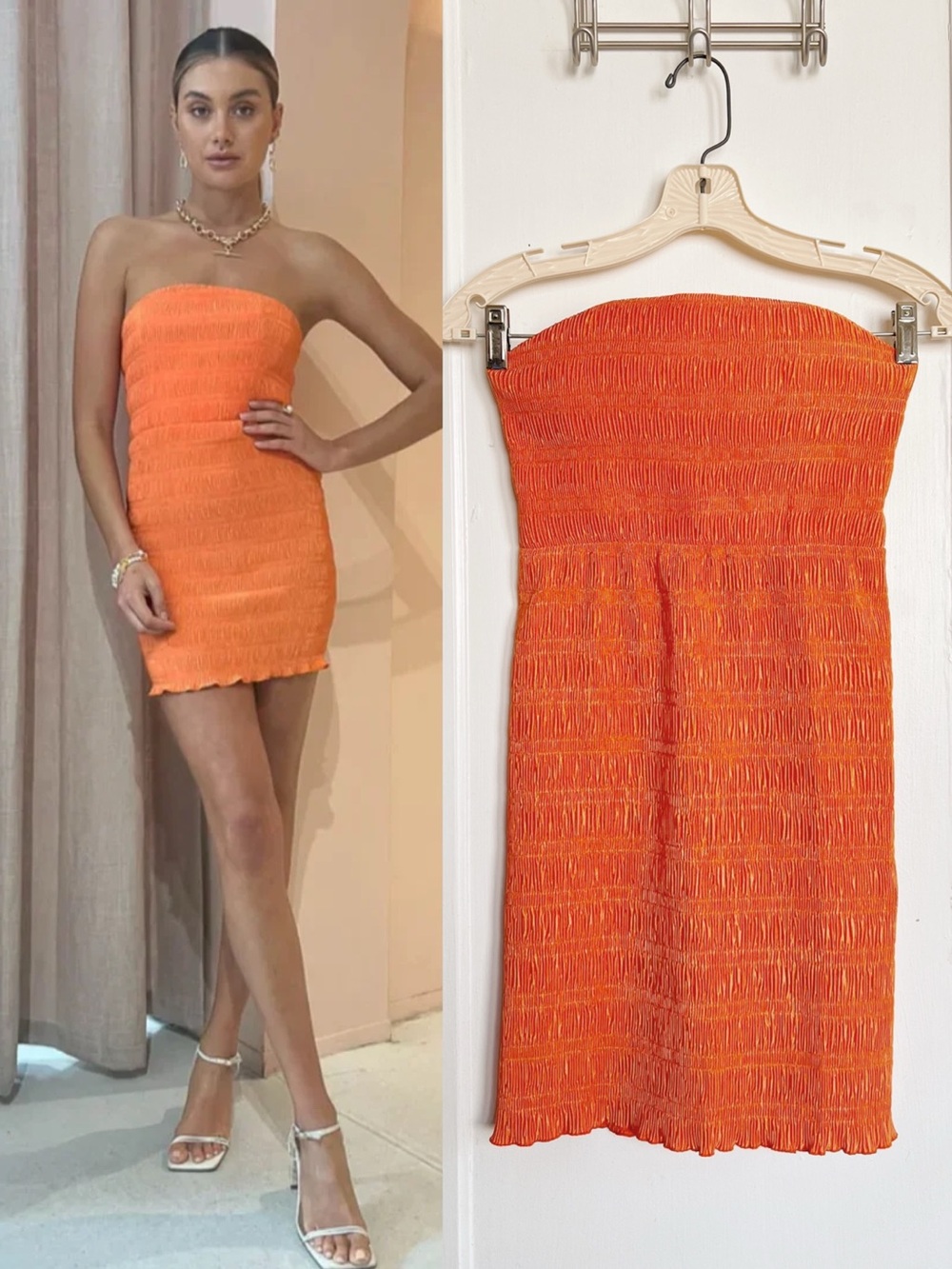 L’IDÉE • Aurore Mini Dress strapless Tangelo orange smocked plisse pleat texture